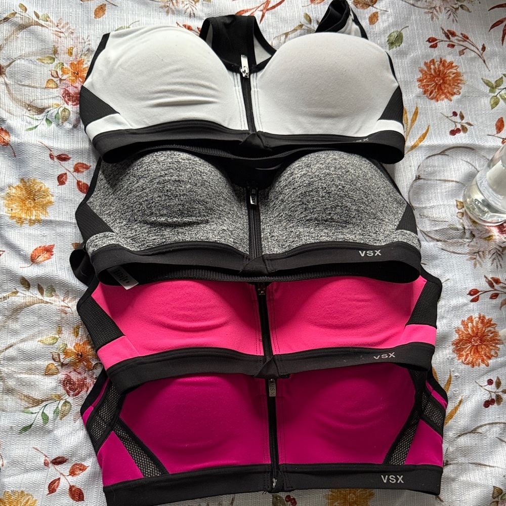 VSX Zip Front Sports Bras - pink, black & white, white